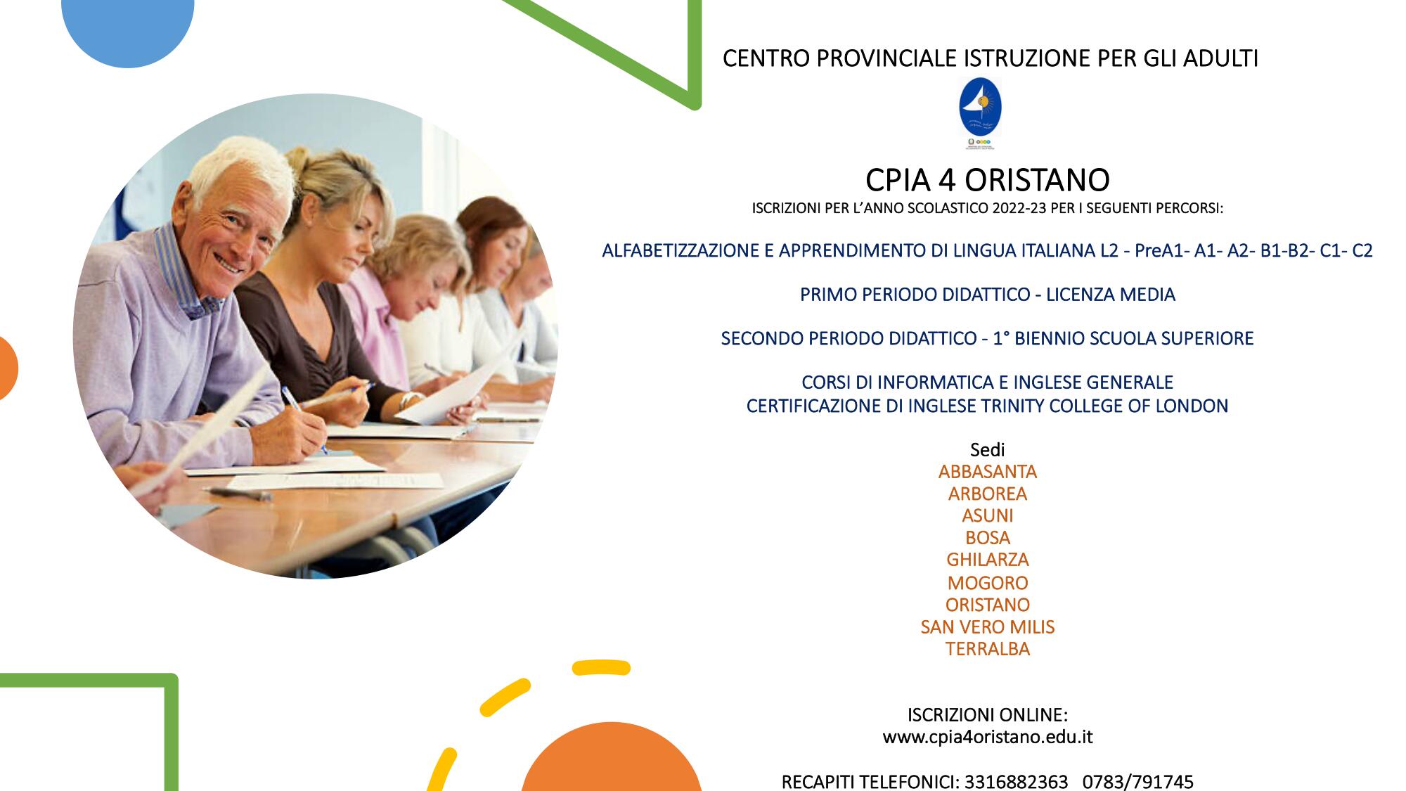 Informativa iscrizioni CPIA 4 di Oristano A.S. 2022/2023.